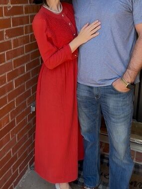 Red Maxi Sun Dress with Matching Cardigan and silver buttons